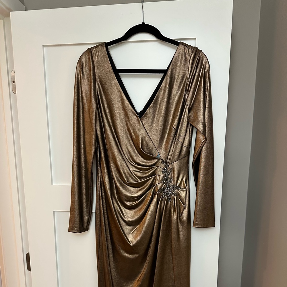 Long sleeve draped cocktail dress by Marchesa Notte with beaded gather, Size 10.